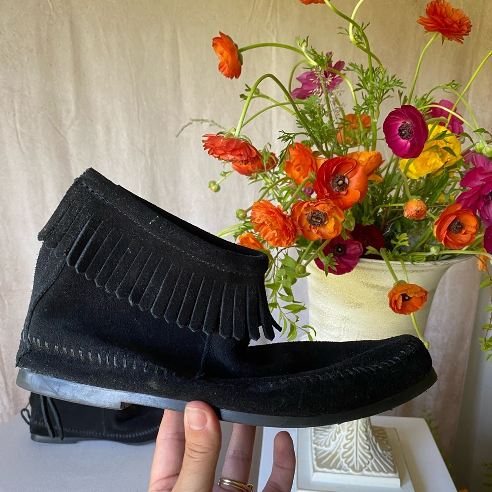 Minnetonka Black Suede Fringe Ankle Boots